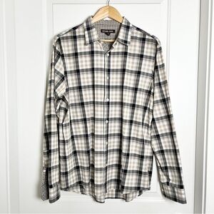 Michael Kors Tailored Fit Check Plaid Button Down Shirt - Beige & Black, Large